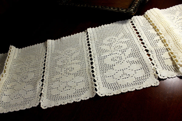 Cream Crocheted Table Runner, Sectioned Table Scarf, Vintage Table Linens 12376 - The Vintage TeacupTable Runners