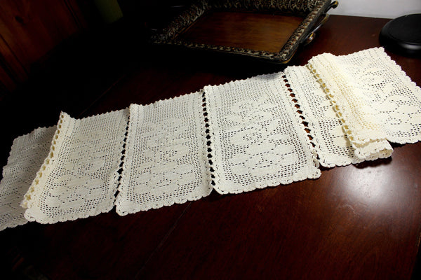 Cream Crocheted Table Runner, Sectioned Table Scarf, Vintage Table Linens 12376 - The Vintage TeacupTable Runners