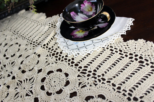 Crocheted Table Cloth, Small Handmade Tablecloth, Chunky Yarn, Medium Ecru to Tan, Hand Crochet 17734 - The Vintage TeacupVINTAGE TABLECLOTHS