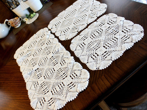 Crocheted Table Runner, Matching Doily Set, White Table Scarf, Vintage Table Linens 14297 - The Vintage TeacupTable Runners