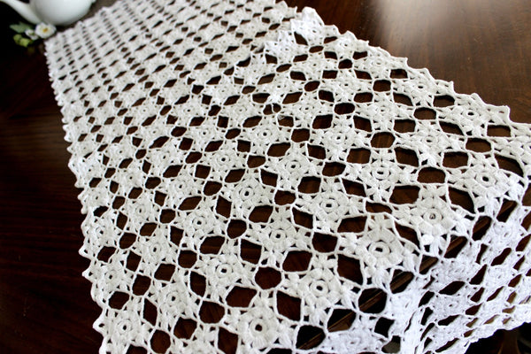 Crocheted Table Runner, White Table Scarf, Vintage Table Linens, Handmade 14366 - The Vintage TeacupTable Runners