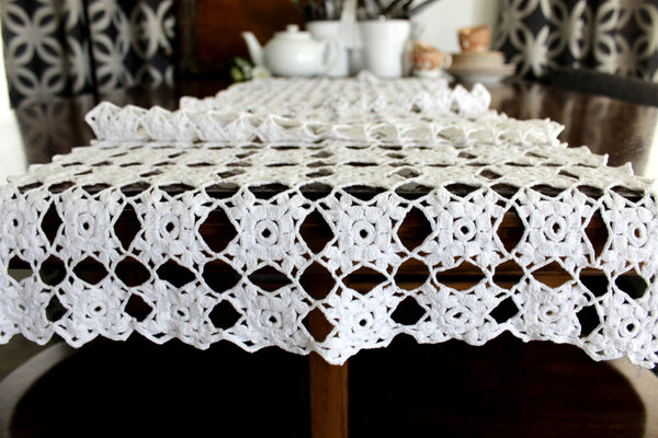 Crocheted Table Runner, White Table Scarf, Vintage Table Linens, Handmade 14366 - The Vintage TeacupTable Runners