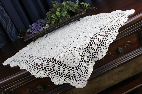 Crocheted Table Topper, Small Tablecloth, Medium Weight, Light Tan 18239 - The Vintage TeacupTablecloths