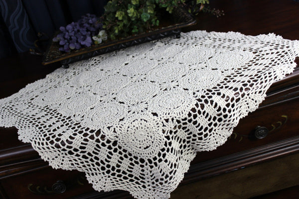Crocheted Table Topper, Small Tablecloth, Medium Weight, Light Tan 18239 - The Vintage TeacupTablecloths