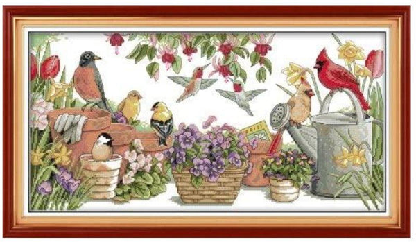 Cross Stitch Kit, Birds Gather in Garden 27.2"×15.4", Embroidery Patterns D108 - The Vintage TeacupCross Stitch Kits
