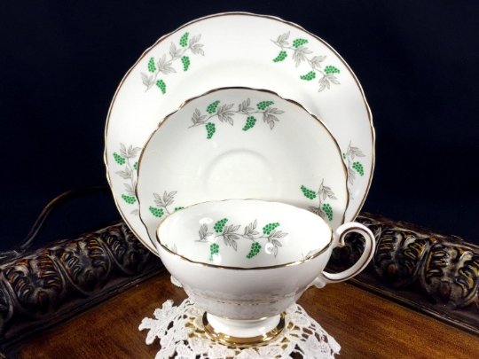 Crown Staffordshire Green Berries / Grapes Tea Cup Trio, English Teacup Saucer and Side Plate -J - The Vintage TeacupTeacups