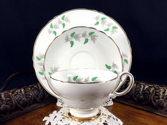 Crown Staffordshire Green Berries / Grapes Tea Cup Trio, English Teacup Saucer and Side Plate -J - The Vintage TeacupTeacups