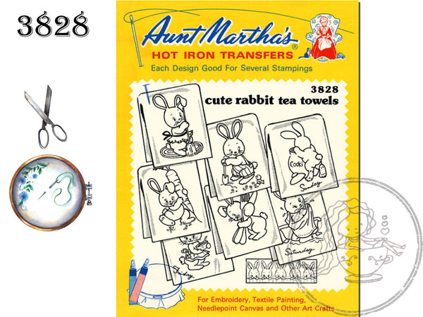 Cute Rabbit Transfers, Tea Towels, Aunt Martha's 3828, Transfer Pattern, Hot Iron Transfers - The Vintage TeacupHOT IRON TRANSFERS