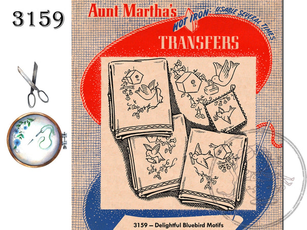 Delightful Bluebird Motifs, Aunt Martha's 3159, Transfer Pattern, Hot Iron Transfers - The Vintage TeacupHOT IRON TRANSFERS