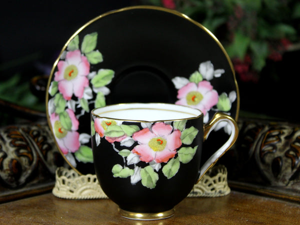 DEMITASSE Adderley Teacup, Black Demi Tea Cup and Saucer, Made in England -J - The Vintage TeacupTeacups