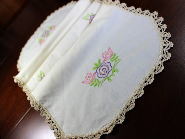 Embroidered Ecru Table Runner - Linen with Floral Motif and Crochet Edging 12757 - The Vintage TeacupTable Runners