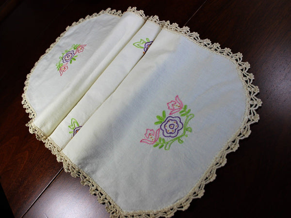 Embroidered Ecru Table Runner - Linen with Floral Motif and Crochet Edging 12757 - The Vintage TeacupTable Runners