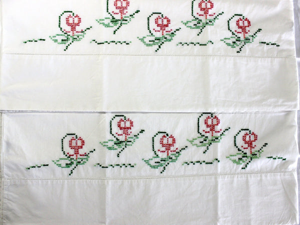 Embroidered Pillowcases, Vintage Pillow Case Pair, White Cotton, Cross Stitch 15087 - The Vintage TeacupVintage Pillowcases