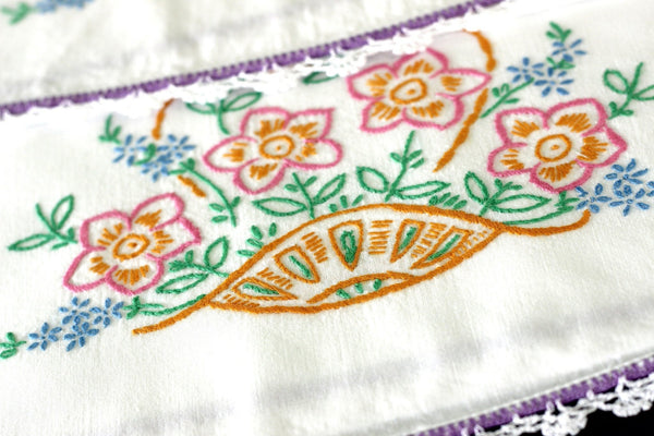 Embroidered Pillowcases, Vintage Pillow Case Set, White Cotton, Basket of Flowers, Purple Crocheted Edging 17048 - The Vintage TeacupVintage Pillowcases