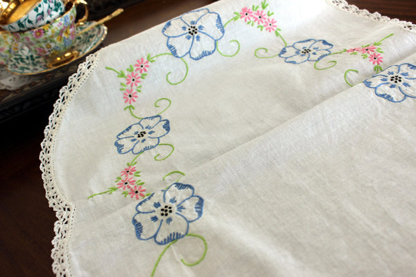 Embroidered Table Runner, Vintage Linen Table Scarf, Crochet Lace Edging 13302 - The Vintage TeacupTable Runner