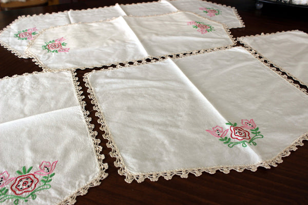 Embroidered Table Runners and Doilies, Light Ecru Linen Table Scarf Set, 13013 - The Vintage TeacupTable Runners