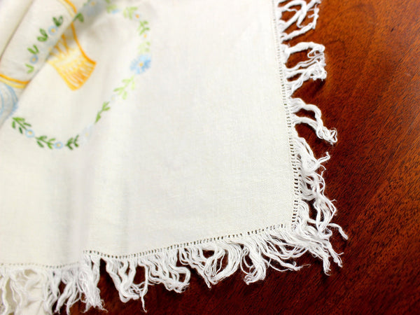 Embroidered Tablecloth, Wheat Colored Linen Table Cloth, 12350 - The Vintage TeacupTablecloth