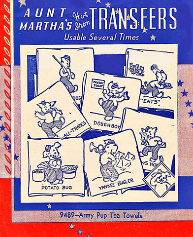 Embroidery, Transfer Pattern, Aunt Martha's, 9489, Army Pup, Tea Towels - The Vintage TeacupHot Iron Transfers