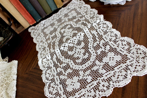 Filet Lace Doily or Placemat, Filet Worked Lace, Needle Lace Tray Cloth, Slightly off White 15552 - The Vintage TeacupDoilies