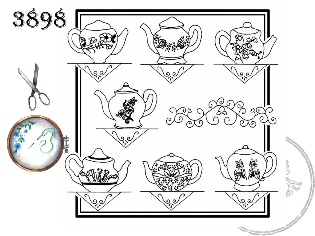 Floral Teapots, Hot Iron Transfers, For Embroidery, Textile Painting, Needlepoint, Wearable Art, Aunt Martha's, 3898 - The Vintage TeacupHot Iron Transfers