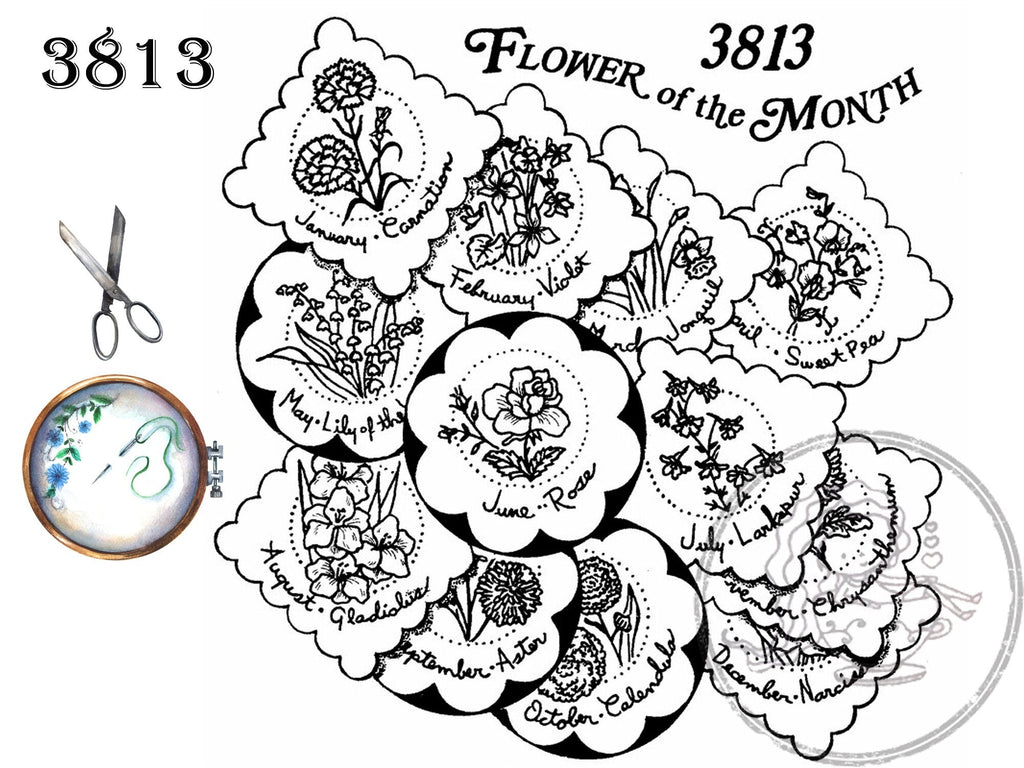 Flower of the Month, 3813, Aunt Martha's®, Vintage Embroidery, Transfer Pattern, Hot Iron Transfers, NEW Uncut, Unopened Transfers - The Vintage TeacupHot Iron Transfers