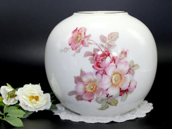 Gerold Porzellan Tetjau Bavaria Vase, Pink Dogwood Roses on White, Made in Germany 14250 - The Vintage TeacupAntique & Vintage
