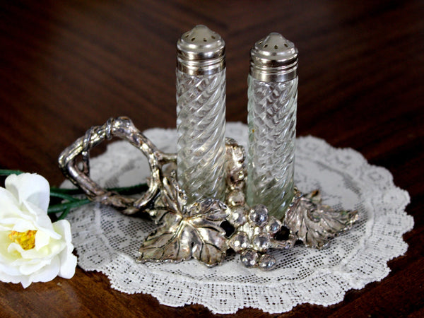 Glass Salt and Pepper Shakers, Metal Stand 14797 - The Vintage TeacupAccessories