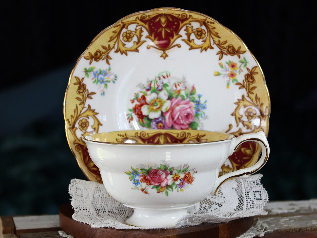 Grosvenor Balmoral, Biscuit & Burgundy Tea Cup & Saucer, Bone China 16688 - The Vintage TeacupTeacups
