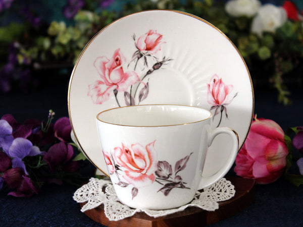 Grosvenor Pink Rose Tea Cup and Saucer, Bone China, English Teacups 17469 - The Vintage TeacupTeacups
