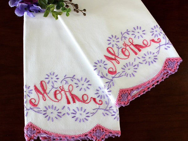 Hand Embroidered Pillowcases, Vintage Pillow Case Set, White Cotton, Mother Detail, Pink & Purple, Crocheted Edging 16519 - The Vintage TeacupVintage Pillowcases