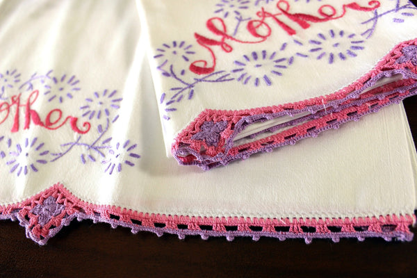 Hand Embroidered Pillowcases, Vintage Pillow Case Set, White Cotton, Mother Detail, Pink & Purple, Crocheted Edging 16519 - The Vintage TeacupVintage Pillowcases