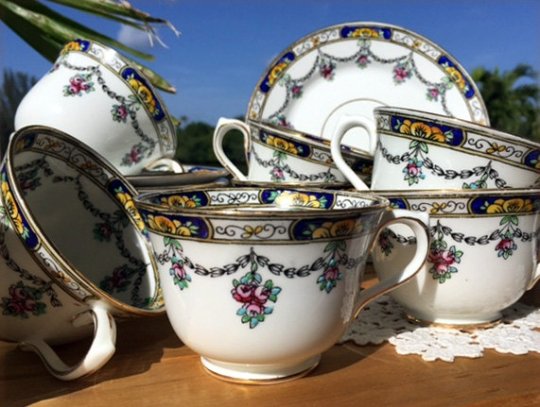 Hand Painted Teacups, Lot of Eight Cups and Side Plates, Celebrate China, Made in England -J - The Vintage TeacupTeacups