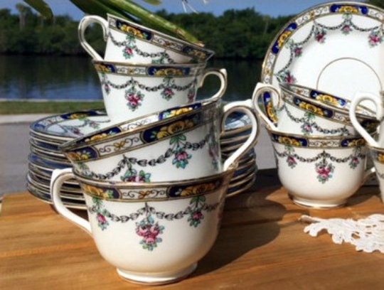 Hand Painted Teacups, Lot of Eight Cups and Side Plates, Celebrate China, Made in England -J - The Vintage TeacupTeacups