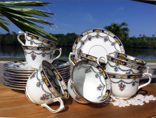 Hand Painted Teacups, Lot of Eight Cups and Side Plates, Celebrate China, Made in England -J - The Vintage TeacupTeacups