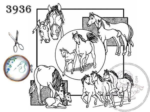 Horses, 3936, Aunt Martha's®, Vintage Embroidery, Transfer Pattern, Hot Iron Transfers, Equestrian Embroidery - The Vintage TeacupHot Iron Transfers
