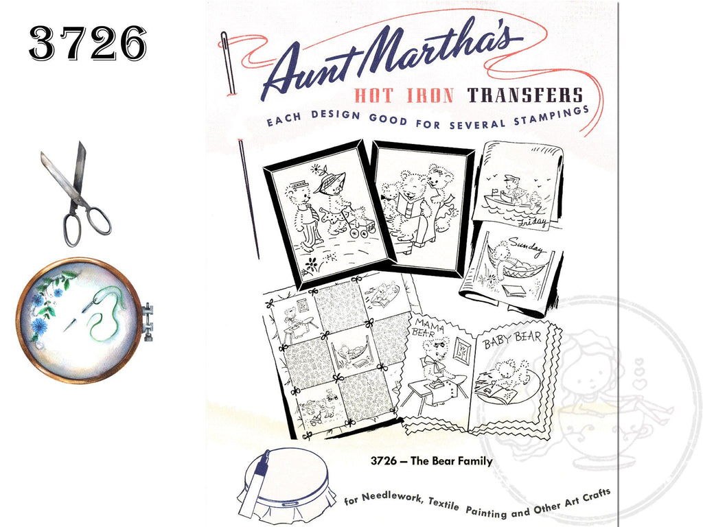 Hot Iron Transfers, For Embroidery, Textile Painting, Needlepoint, Wearable Art, Aunt Martha's, 3726, The Bear Family - The Vintage TeacupNeedlecraft Patterns