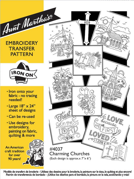 Hot Iron Transfers, New Aunt Martha's 4037, Charming Churches, Transfer Pattern, Uncut, Unopened Transfers - The Vintage TeacupHot Iron Transfers