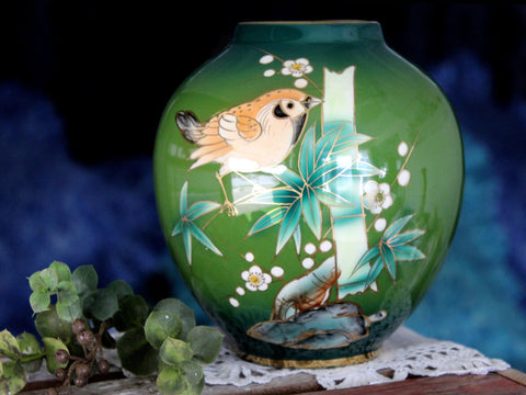 House of Global Art Vase, Bird on Bamboo, Asiatic Art Vase, Hand Painted in Japan 15820 - The Vintage TeacupAntique & Vintage