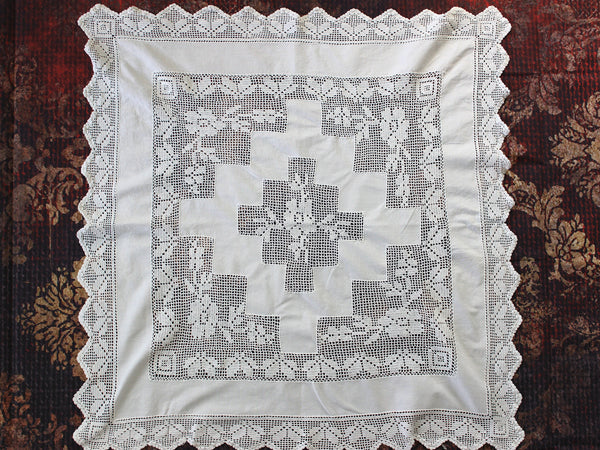 Small Tablecloth, Wedding White,  Vintage Linen Embroidered and Filet Crocheted Windows 17067