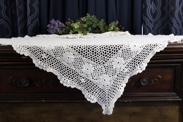 Crocheted Table Cloth, Small Handmade Tablecloth, Light Cream, Hand Crochet 17916