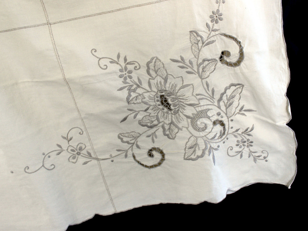 Large Linen Tablecloth, Table Cloth - Machine Embroidered, Bronze on Cream / Light Ecru 17963