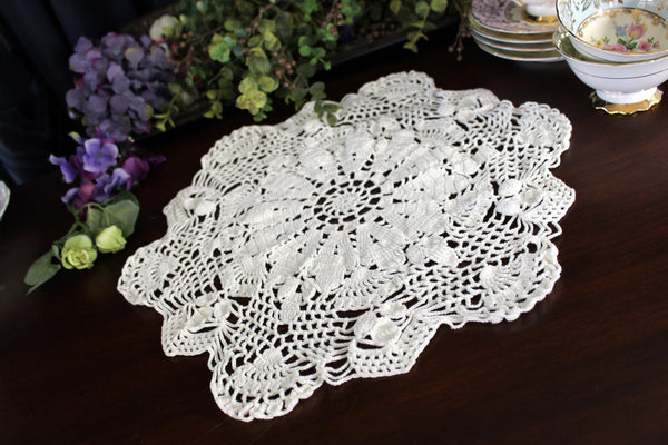 15 Inch Large Crochet Doily or Centerpiece in White, Medium Weight Thread, Hand Crocheted, Fan Border 17948