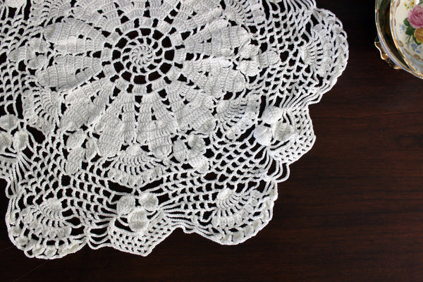 15 Inch Large Crochet Doily or Centerpiece in White, Medium Weight Thread, Hand Crocheted, Fan Border 17948