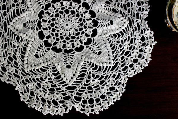 16 Inch Crochet Doily or Centerpiece, White Hand Crocheted,  Large Vintage Doilies, 3D Raised Accents 17950