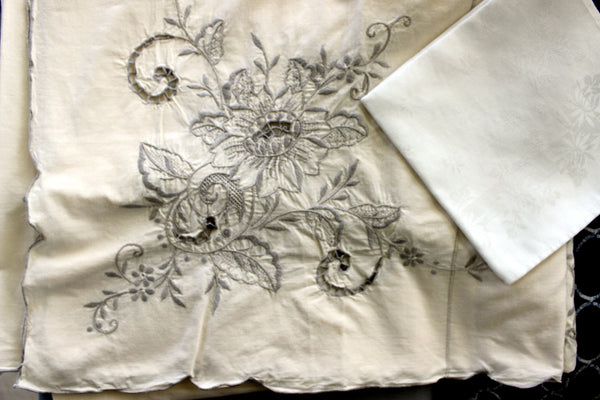 Large Linen Tablecloth, Table Cloth - Machine Embroidered, Bronze on Cream / Light Ecru 17963
