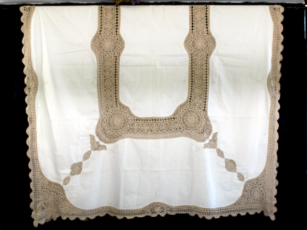 Large Linen Tablecloth, Table Cloth,  Machine Embroidered, Ecru Crocheted Inserts 17961