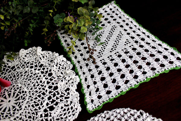 5 Vintage Crochet Doilies, White Mix, Handmade Placemats, Doily Lot 18089