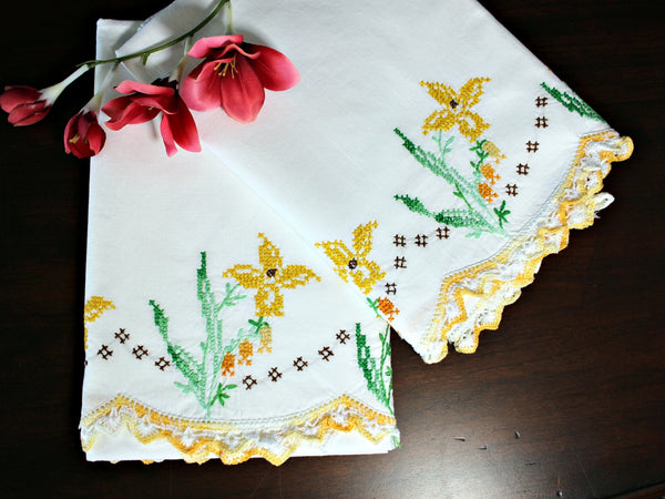 Embroidered Pillowcases, Pillow Case Set, White Cotton, Cross Stitched, Yellow Edging 18153