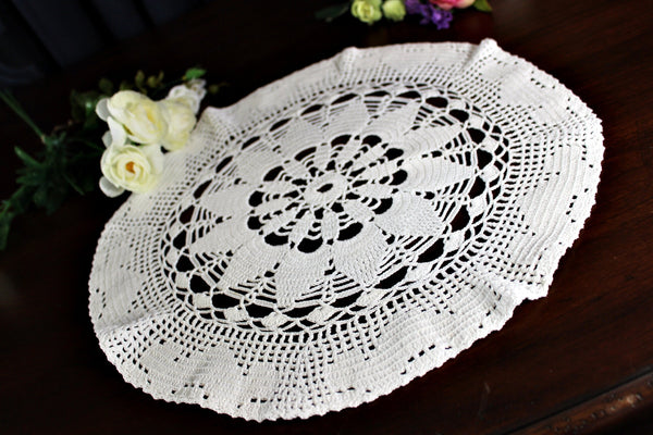 15 Inch Large Crochet Doily or Centerpiece in White, Medium Weight Thread, Hand Crocheted - 18146