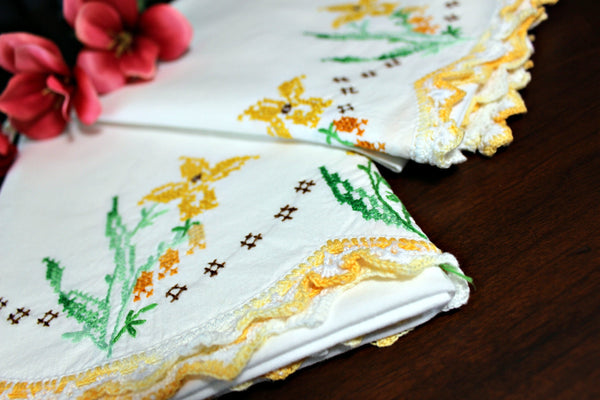 Embroidered Pillowcases, Pillow Case Set, White Cotton, Cross Stitched, Yellow Edging 18153